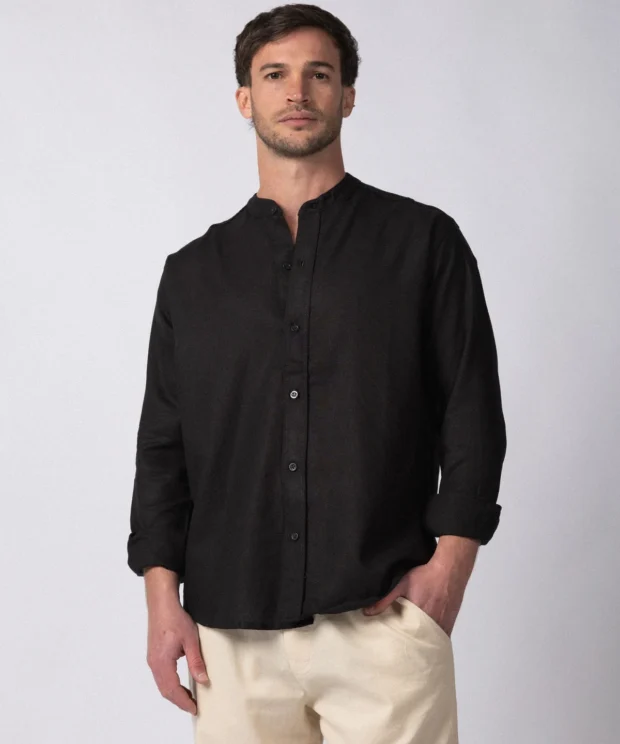 Camisa de Lino VCP Negro Cuello Mao